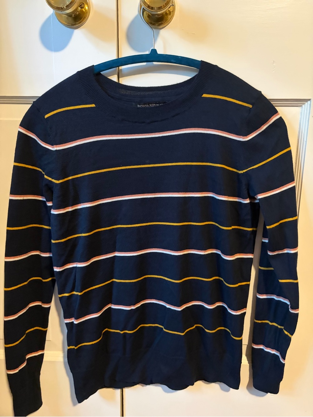 Banana Republic Navy Crewneck Sweater with Yellow and Light Pink Stripes